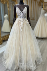 V Neck Champagne Tulle Lace Wedding Dresses, Champagne Tulle Lace Formal Semi Formal Prom Dresses